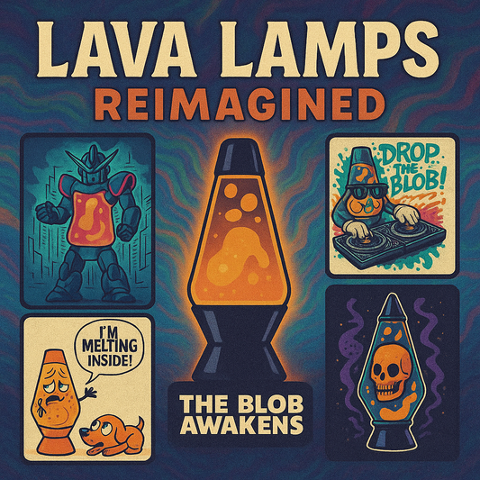 Collage of creative lava lamp designs including anime robot, DJ graffiti, skull neon, rocket ship, and funny meme lamps – Lava Lamps Reimagined Collection