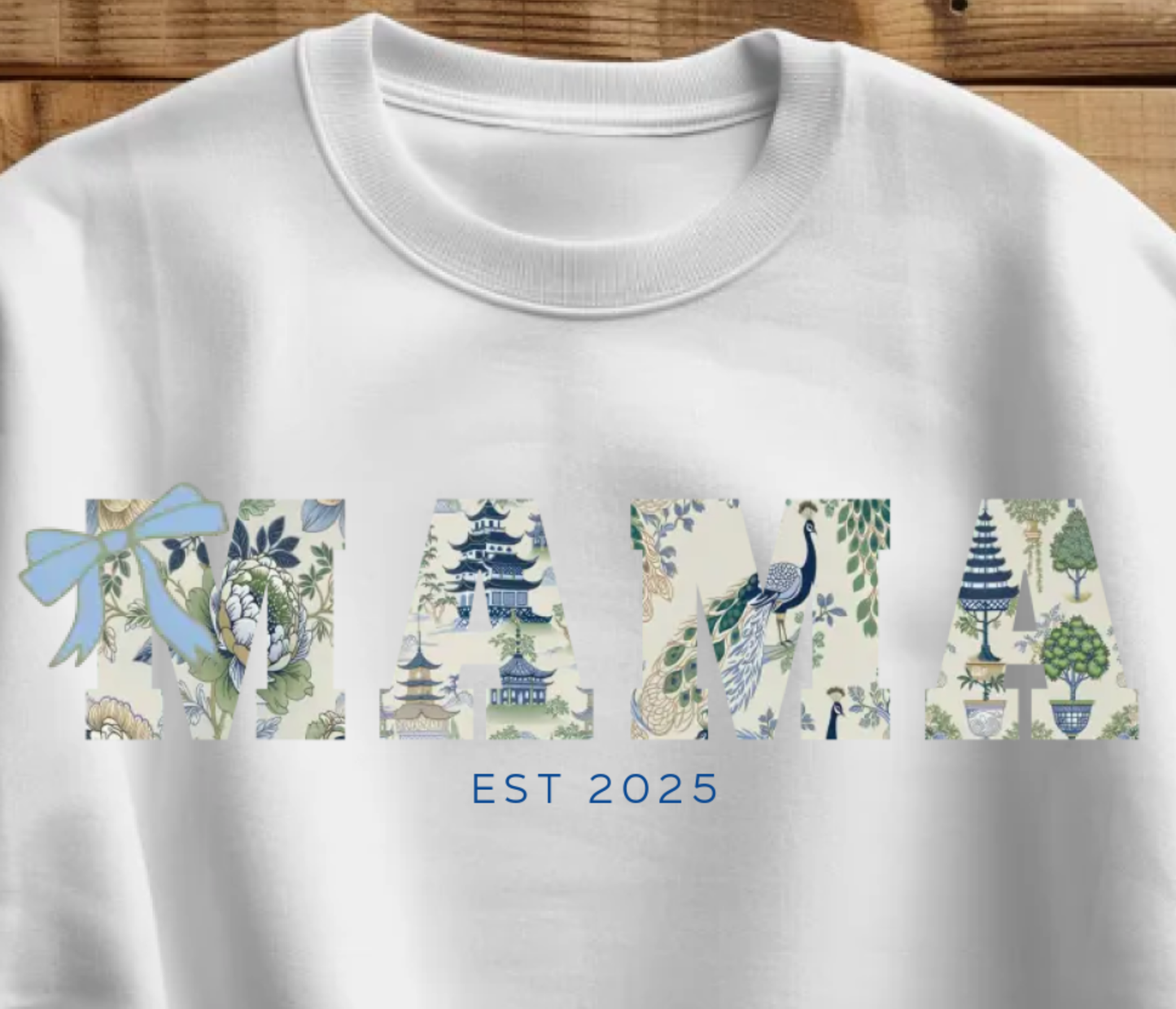 Mama Custom Sweatshirt Chinoiserie Pavilion Birds Flowers Green and Blue
