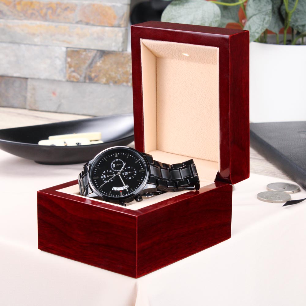 Black Chronograph Watch with Personalize Engraved Message