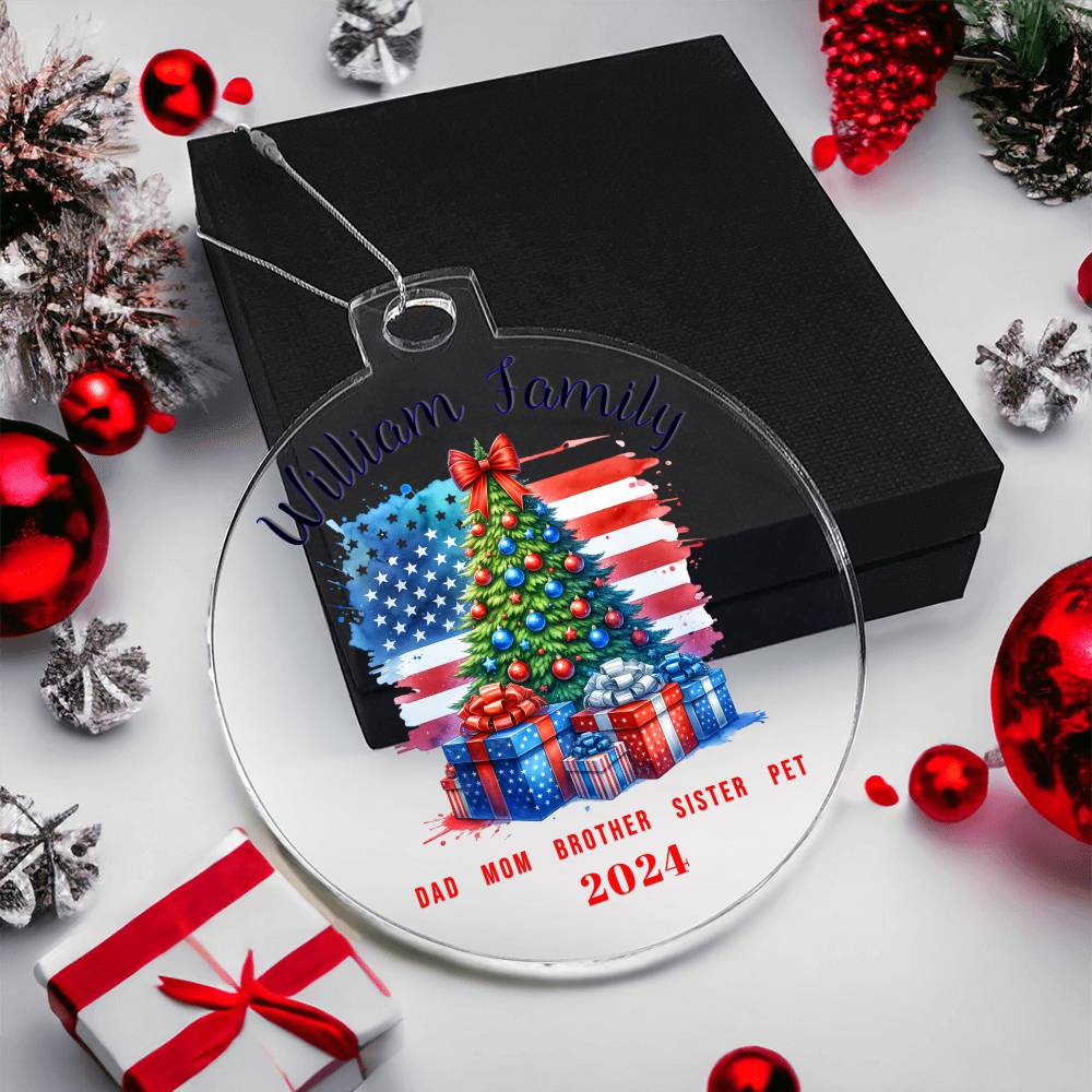 Personalized Patriotic Christmas Ornament | Custom Family Name Holiday Keepsake