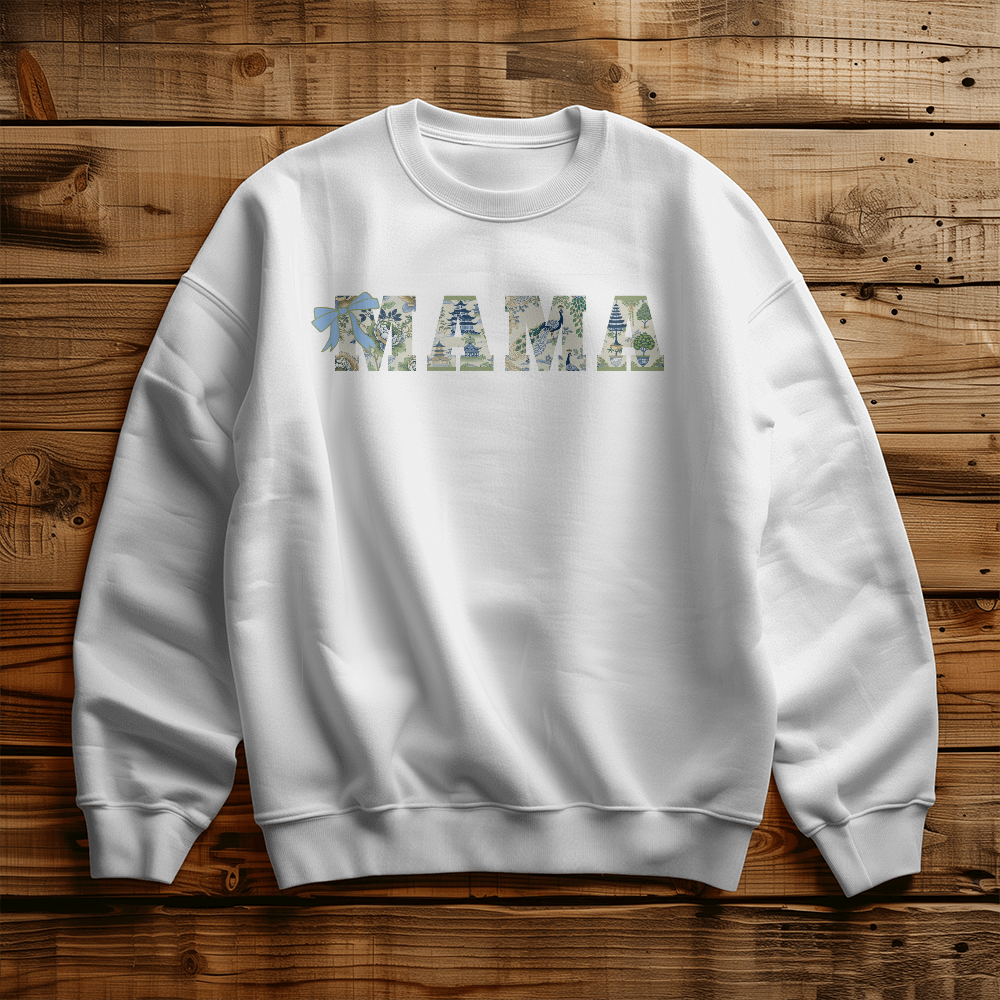 Mama Custom Sweatshirt Chinoiserie Pavilion Birds Flowers Green and Blue