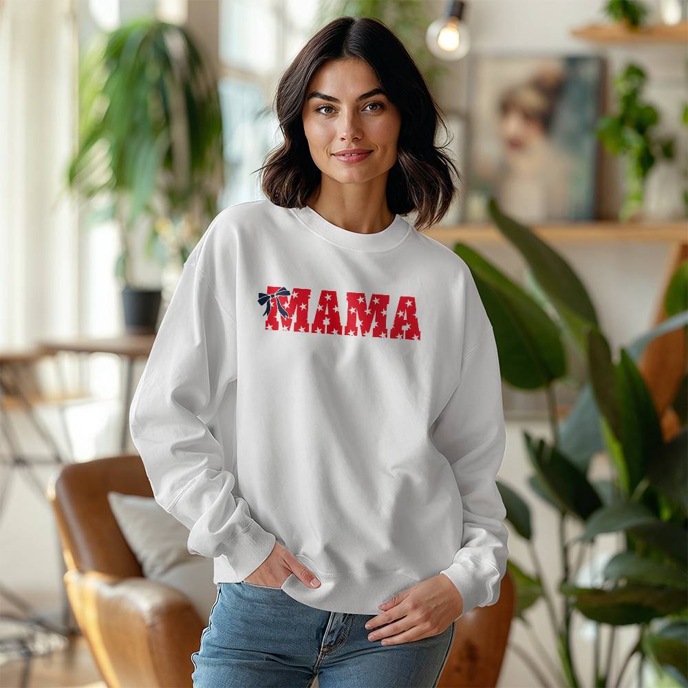 Mama Custom Sweatshirt Patriotic Stars with Coquette and Red Background