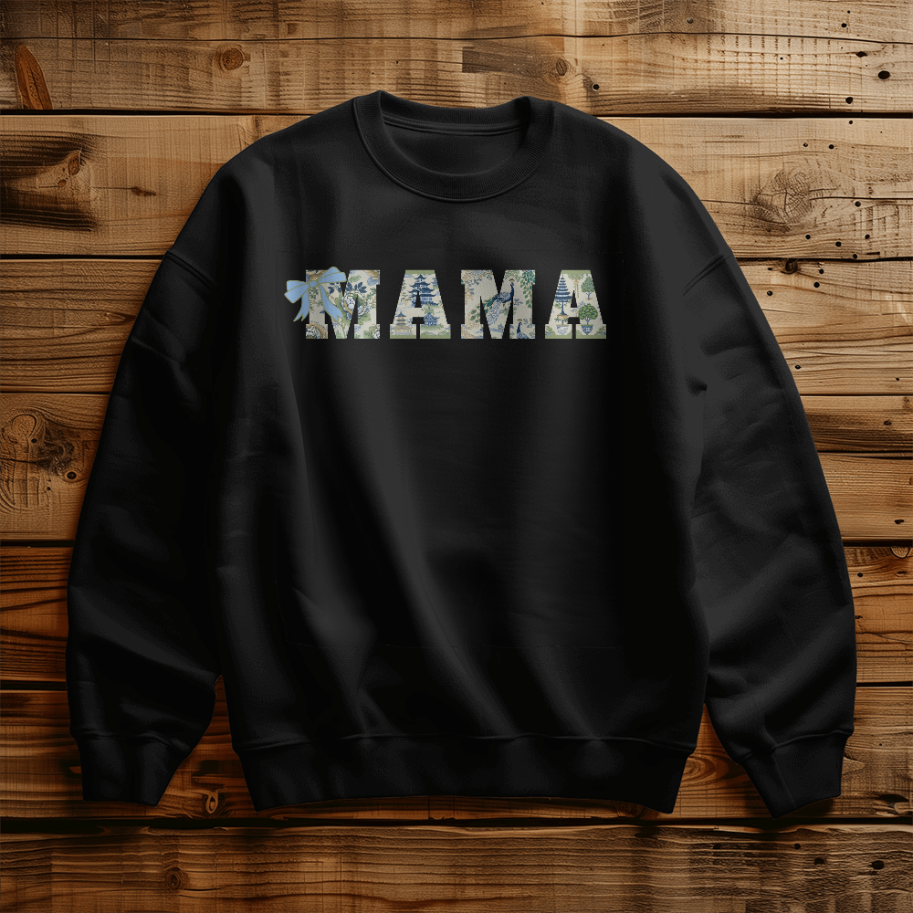 Mama Custom Sweatshirt Chinoiserie Pavilion Birds Flowers Green and Blue