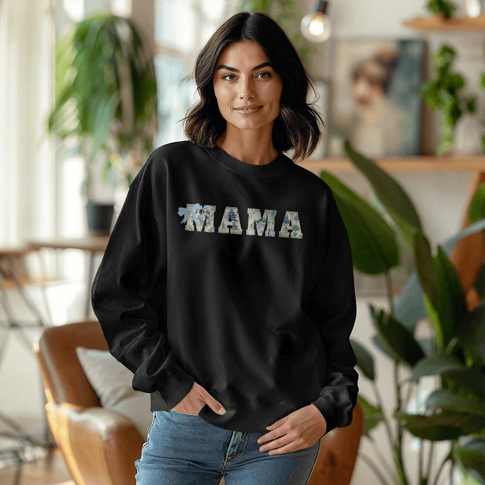Mama Custom Sweatshirt Chinoiserie Pavilion Birds Flowers Green and Blue