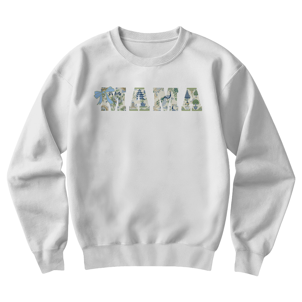 Mama Custom Sweatshirt Chinoiserie Pavilion Birds Flowers Green and Blue