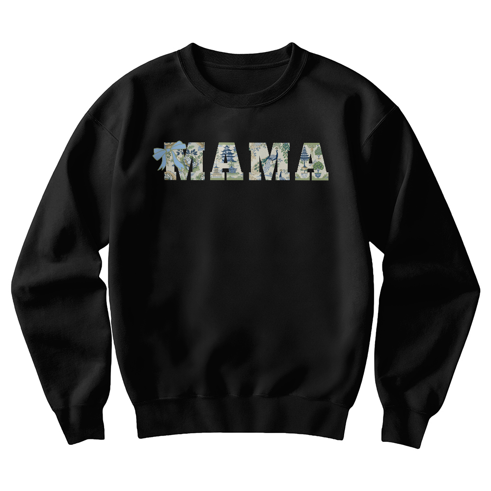 Mama Custom Sweatshirt Chinoiserie Pavilion Birds Flowers Green and Blue