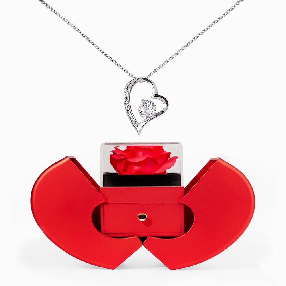 Red Heart Rose Box with Forever Love Heart Necklace