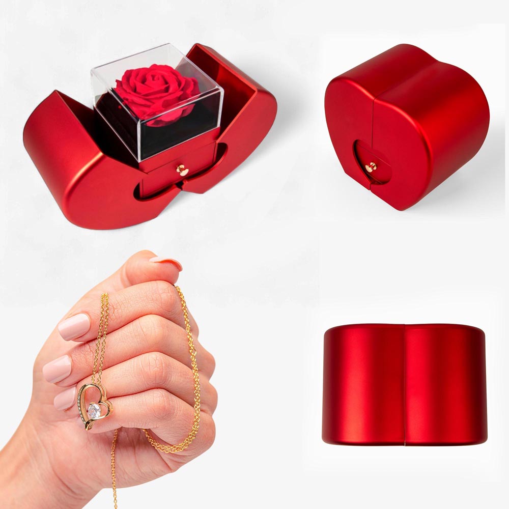 Red Heart Rose Box with Forever Love Heart Necklace