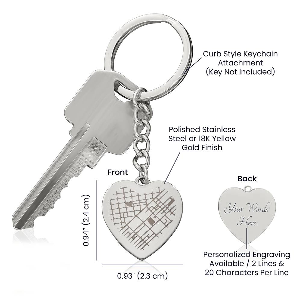 Custom Engraved Map on Heart Keychain