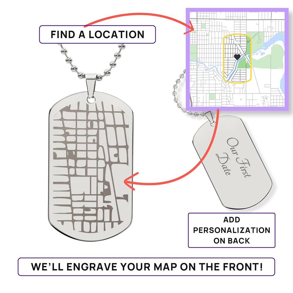 Custom Engraved Dog Tag Map Necklace with Ball Chain