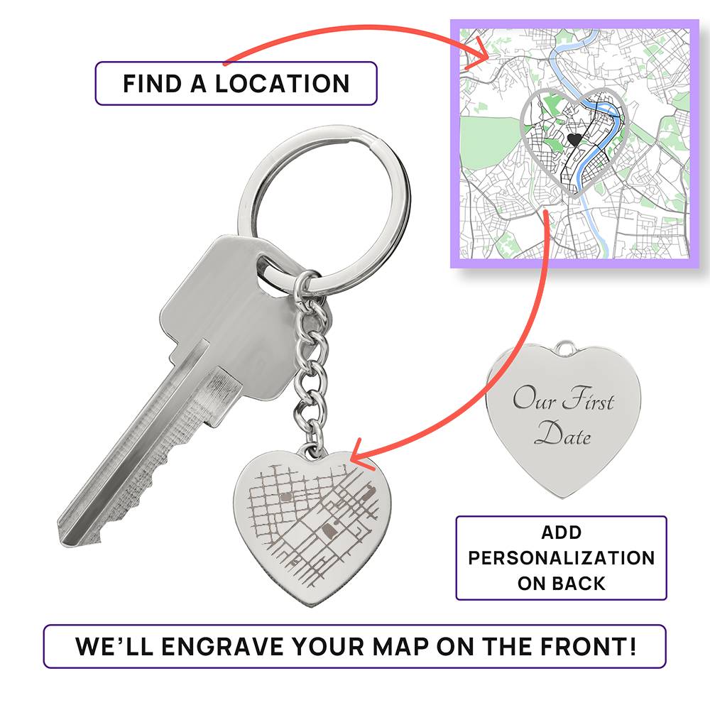Custom Engraved Map on Heart Keychain