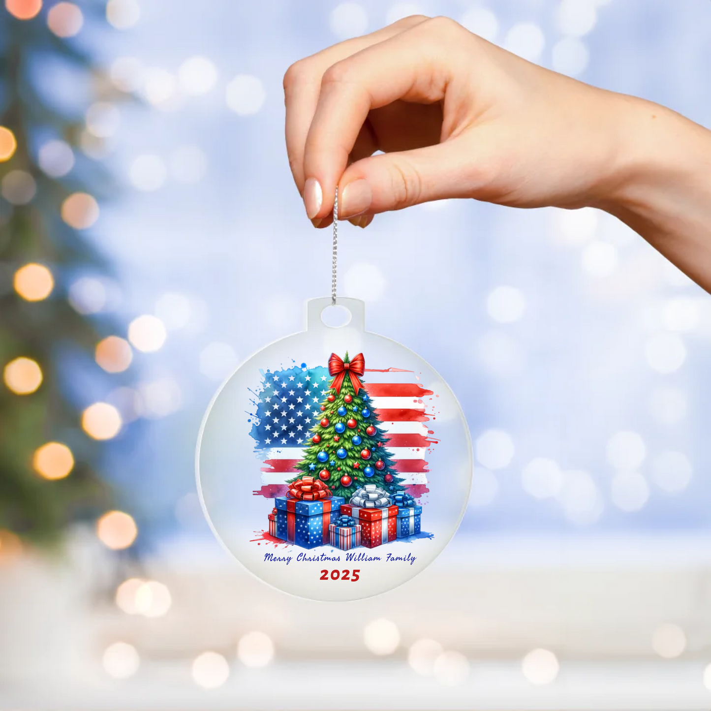 Patriotic Merry Christmas Family Name | Personalized Acrylic Ornament