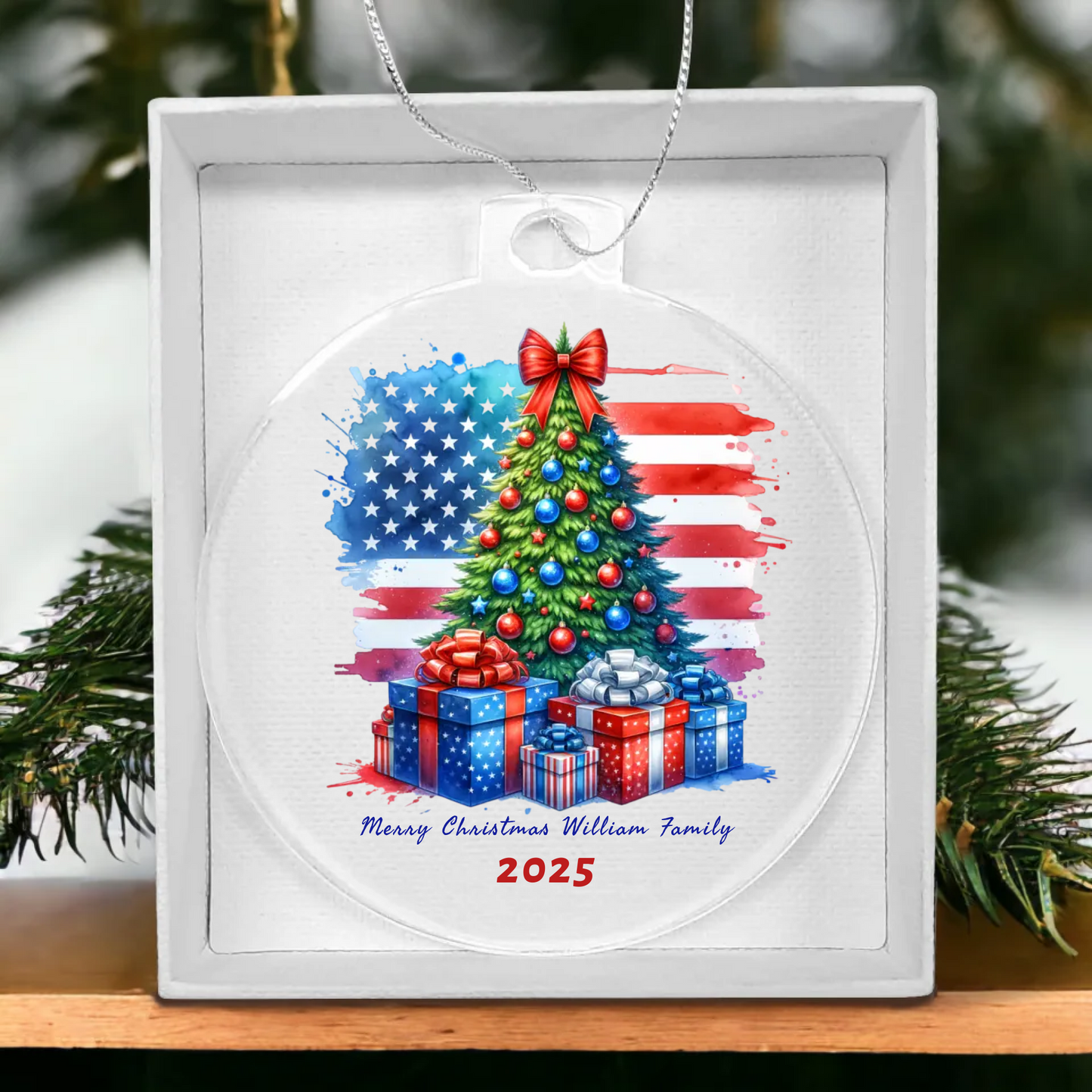 Patriotic Merry Christmas Family Name | Personalized Acrylic Ornament