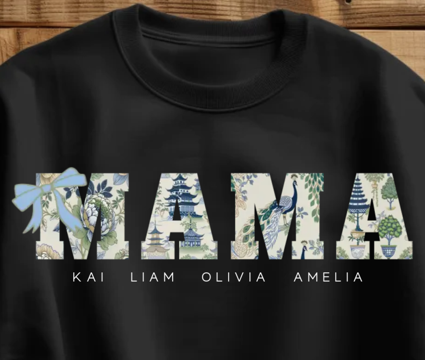 Mama Custom Sweatshirt Chinoiserie Pavilion Birds Flowers Green and Blue
