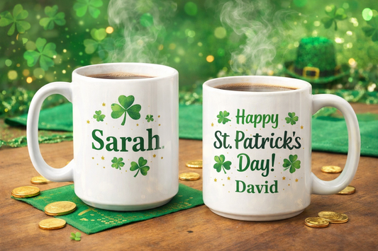 Personalized St. Patrick’s Day mugs with festive shamrock designs for a cozy celebration