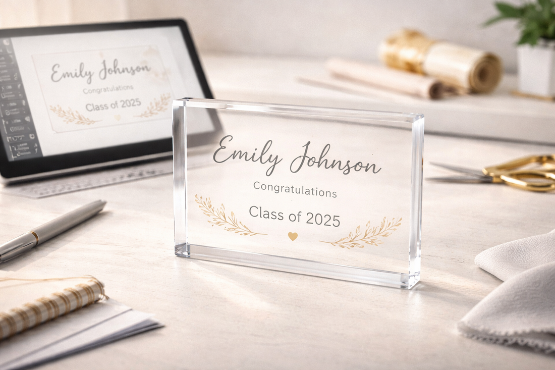 Custom acrylic plaque highlighting the personalization process and craftsmanship details