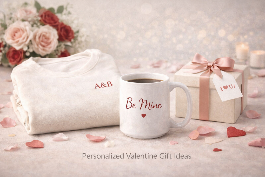 Personalized Valentine’s Day gift ideas featuring custom apparel and drinkware