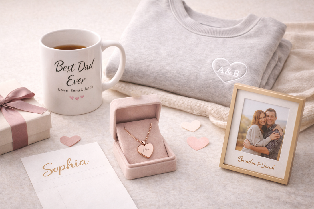 Heartfelt personalized gift ideas featuring custom apparel, drinkware, and keepsakes