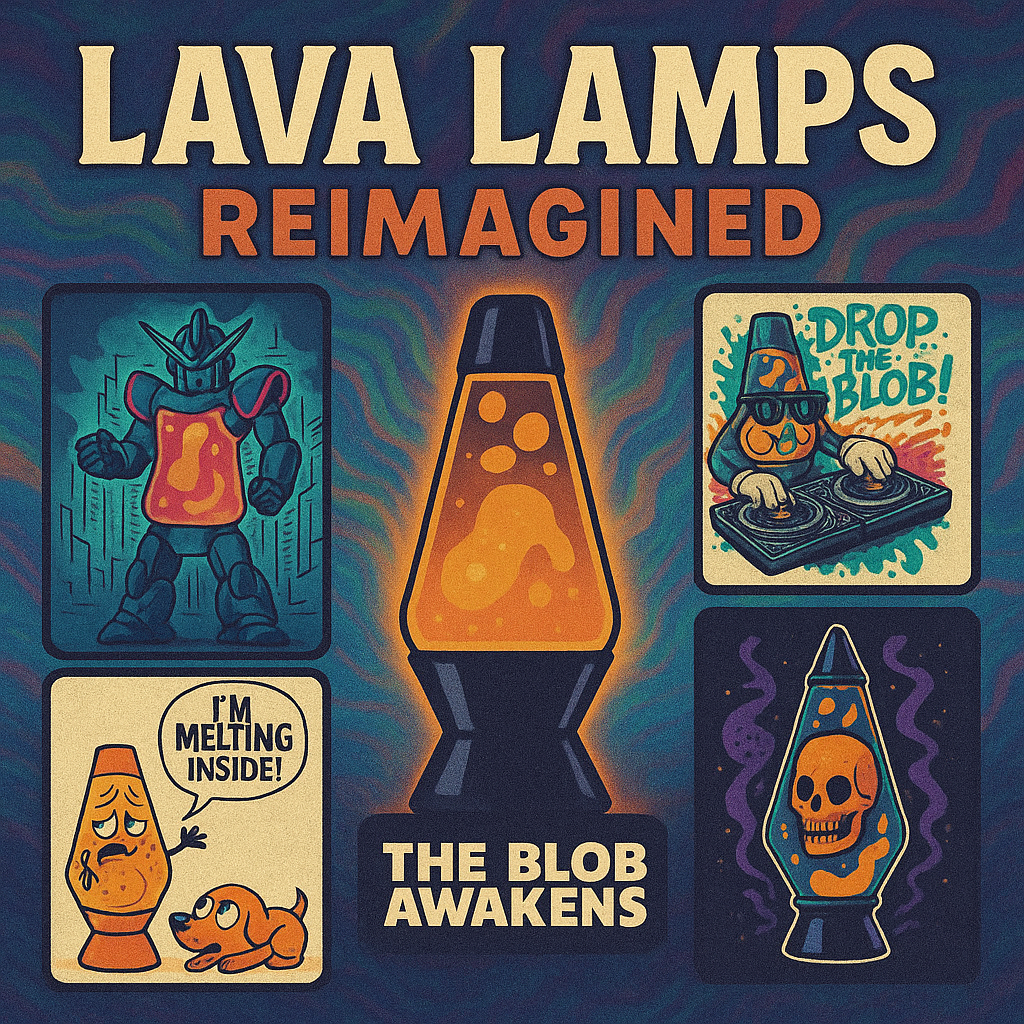 Collage of creative lava lamp designs including anime robot, DJ graffiti, skull neon, rocket ship, and funny meme lamps – Lava Lamps Reimagined Collection