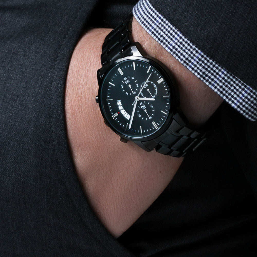 Black Chronograph Watch with Personalize Engraved Message