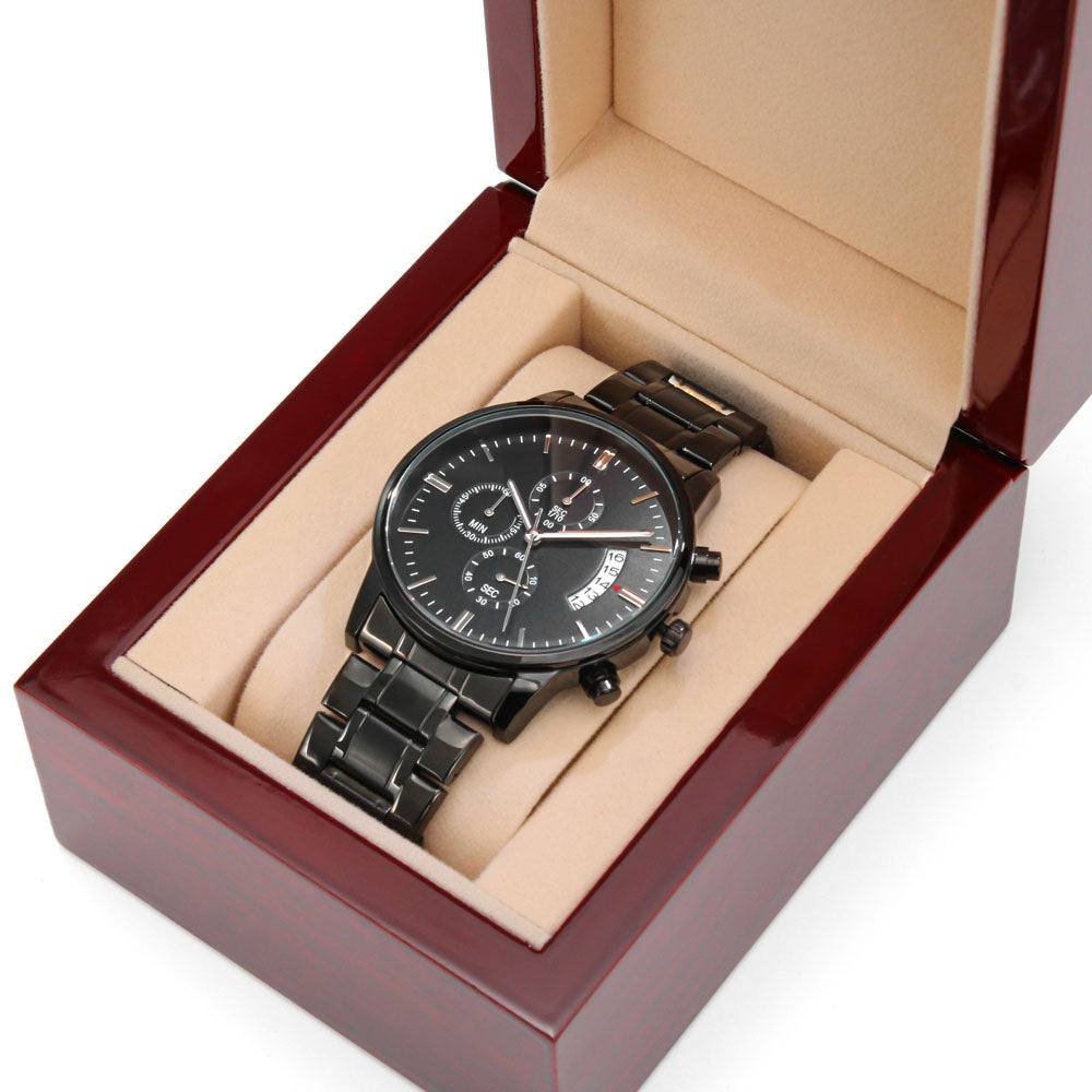 Black Chronograph Watch with Personalize Engraved Message