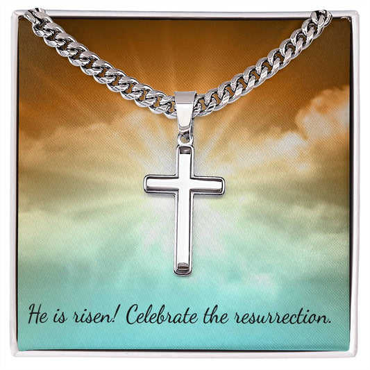 He is risen Cuban Chain with Artisan Cross Jewelry Necklace