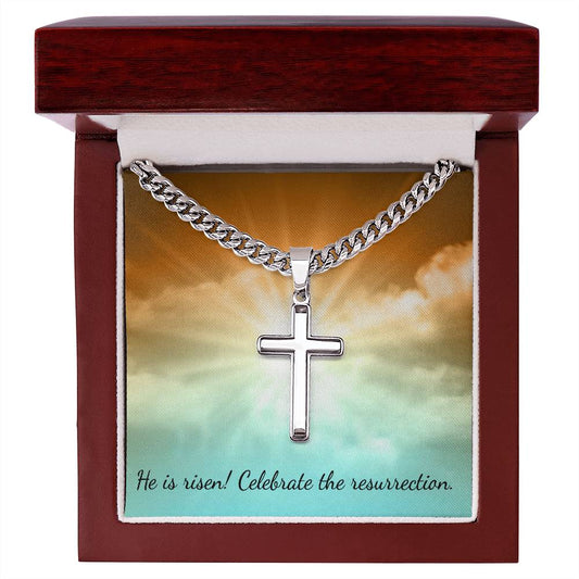He is risen Cuban Chain with Artisan Cross Jewelry Necklace