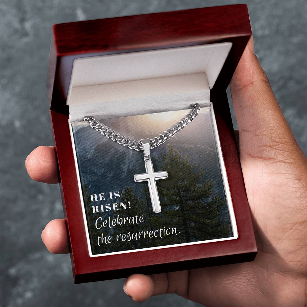 He is Risen Celebrate the Resurrection Cuban Chain Artisan Cross Jewelry Necklace