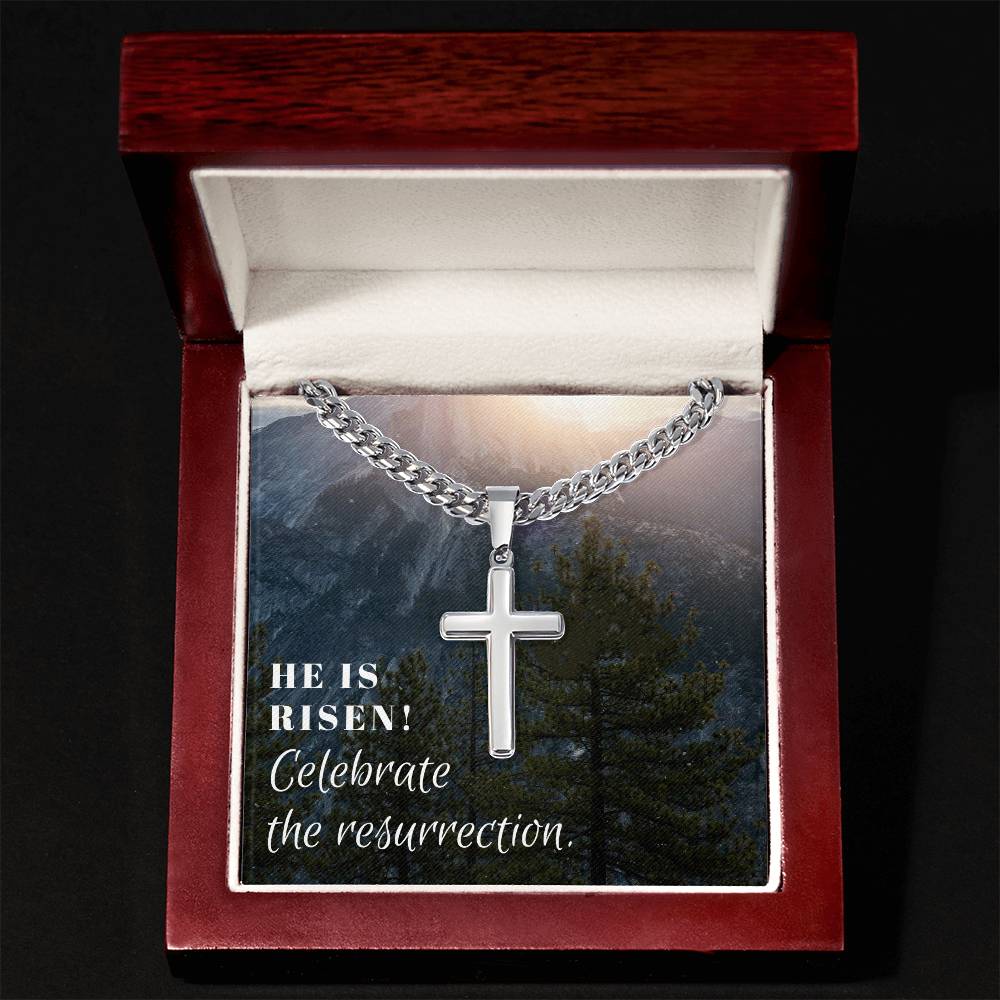 He is Risen Celebrate the Resurrection Cuban Chain Artisan Cross Jewelry Necklace