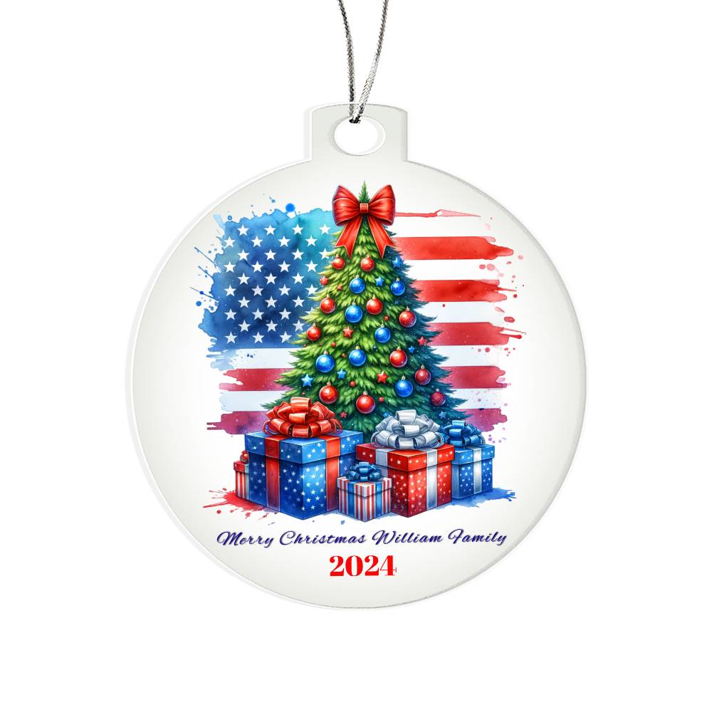 Patriotic Merry Christmas Family Name Personalized Acrylic Ornament