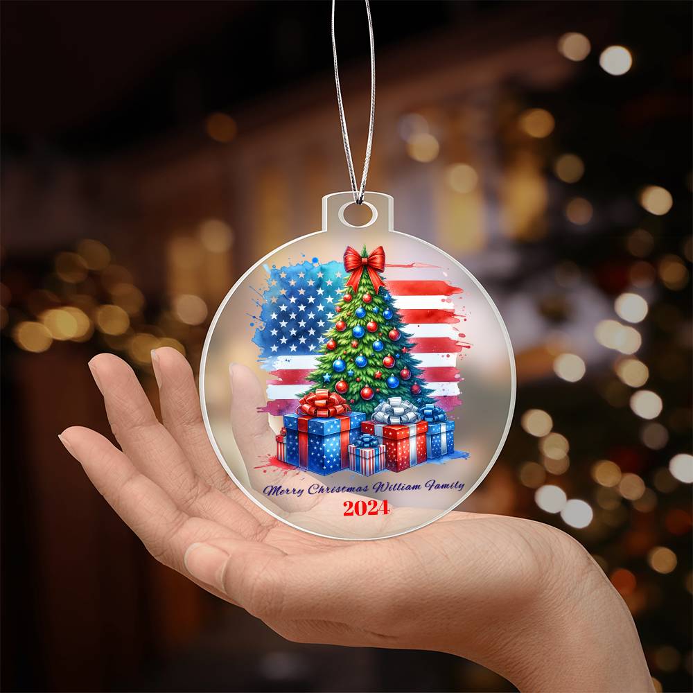 Patriotic Merry Christmas Family Name Personalized Acrylic Ornament