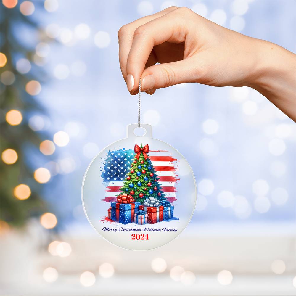 Patriotic Merry Christmas Family Name Personalized Acrylic Ornament