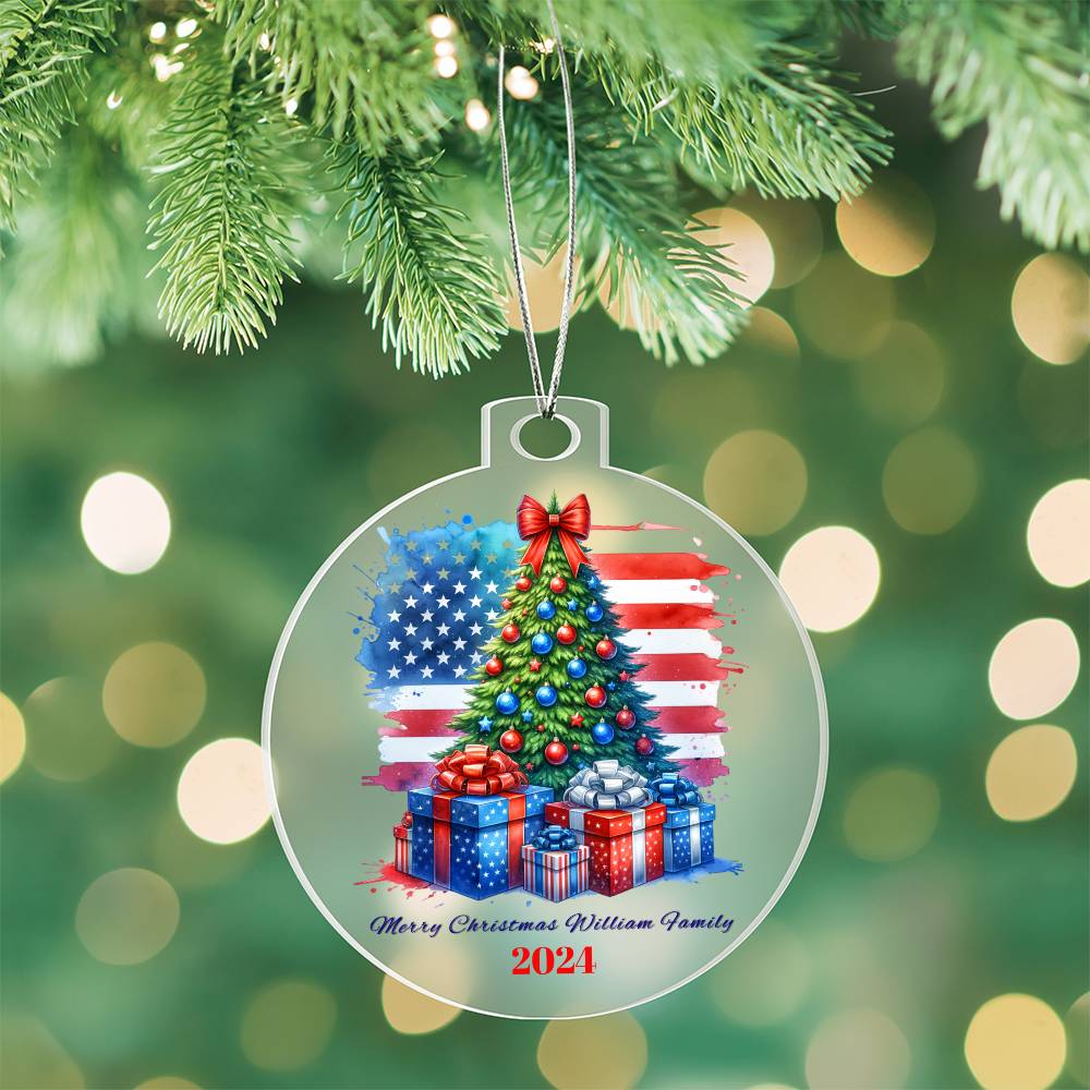 Patriotic Merry Christmas Family Name Personalized Acrylic Ornament