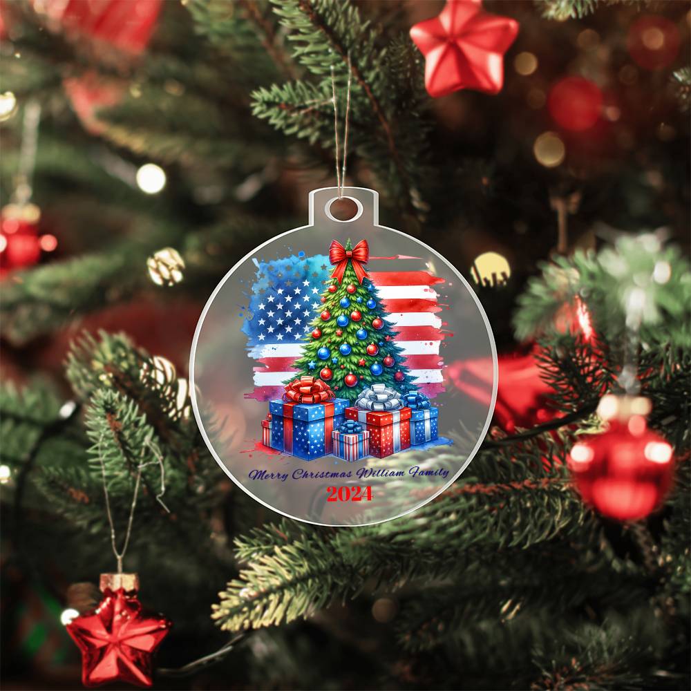 Patriotic Merry Christmas Family Name Personalized Acrylic Ornament