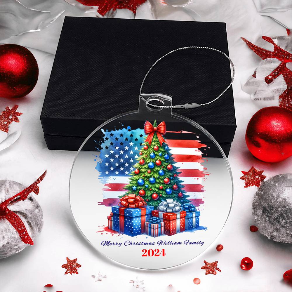 Patriotic Merry Christmas Family Name Personalized Acrylic Ornament