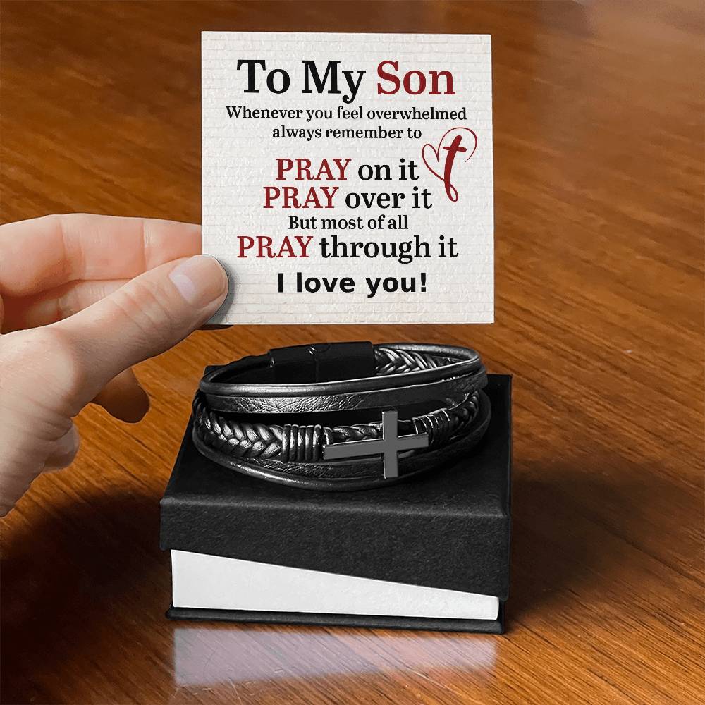 To My Son Pray on It Men Cross Leather Bracelet