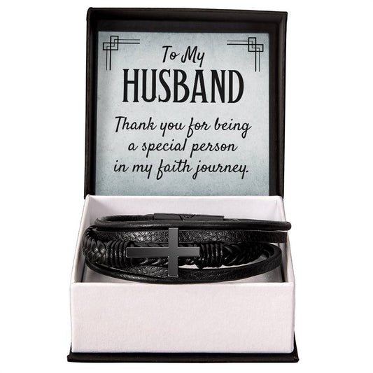 To my husband Men's Cross Leather Bracelet