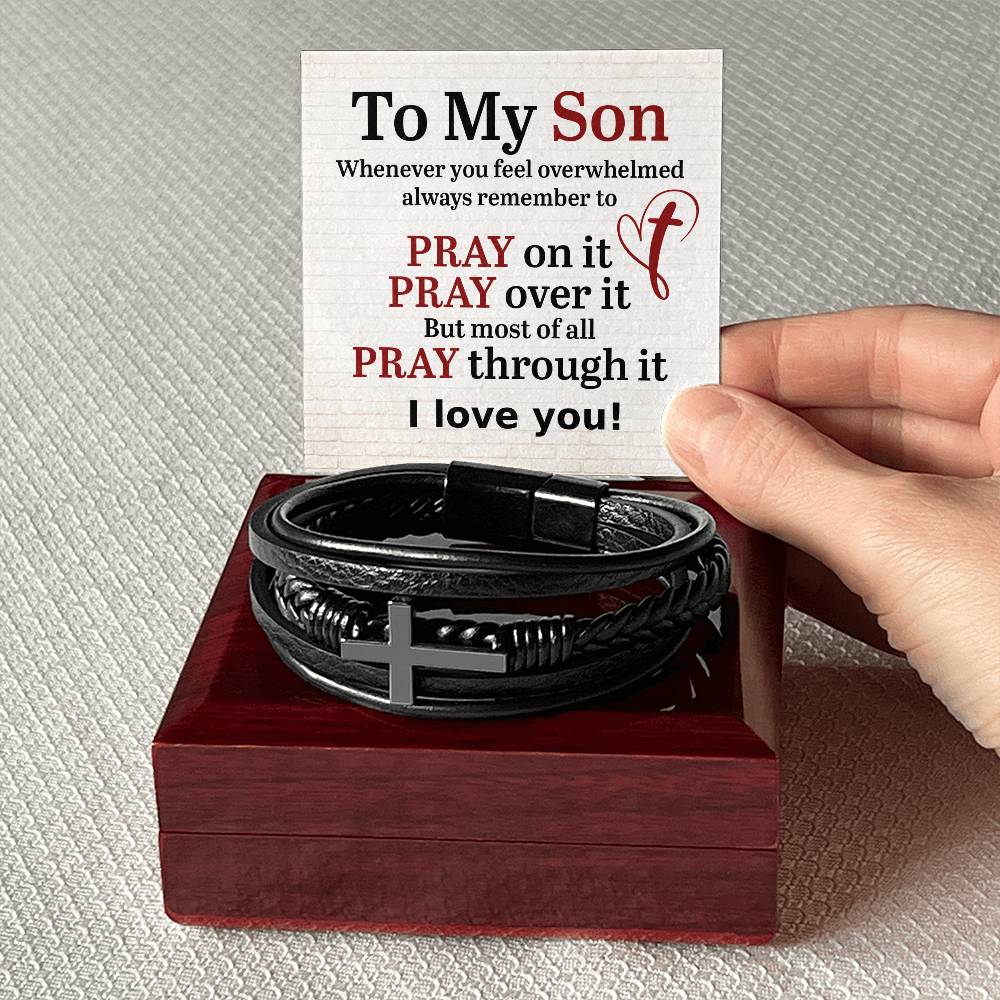 To My Son Pray on It Men Cross Leather Bracelet