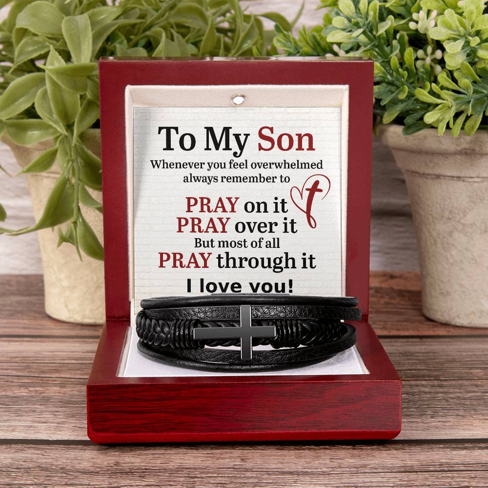 To My Son Pray on It Men Cross Leather Bracelet