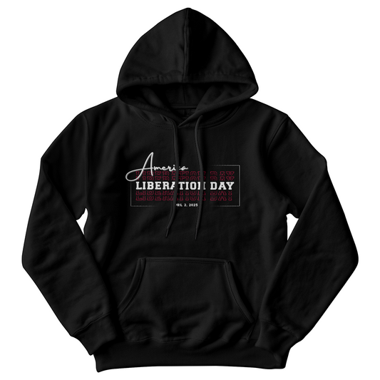 American Liberation Day Hoodie Sweatshirt White Text with Red Graphic