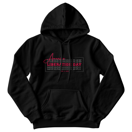 American Liberation Day Hoodie Sweatshirt Red Text with White Graphic