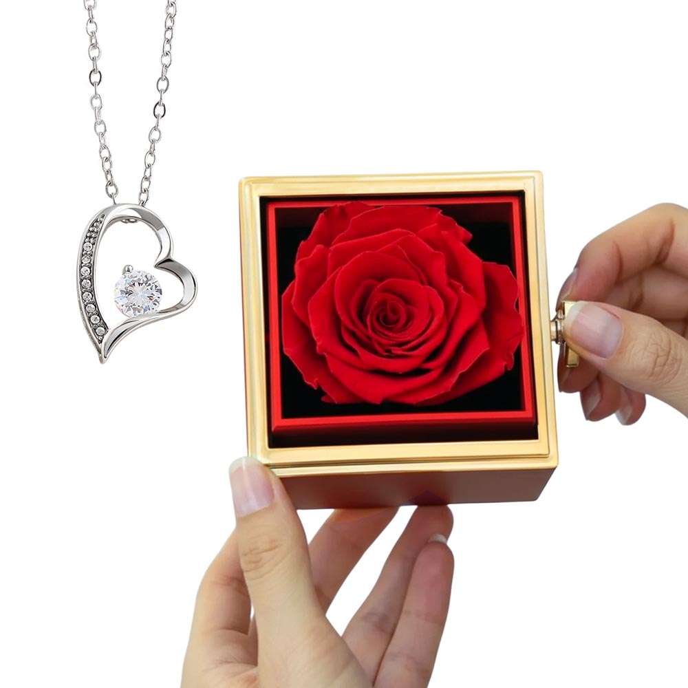 Rotating Rose Gift Box with Forever Love Heart Pendant Necklace