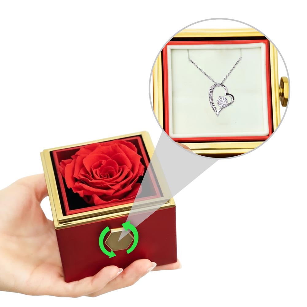 Rotating Rose Gift Box with Forever Love Heart Pendant Necklace