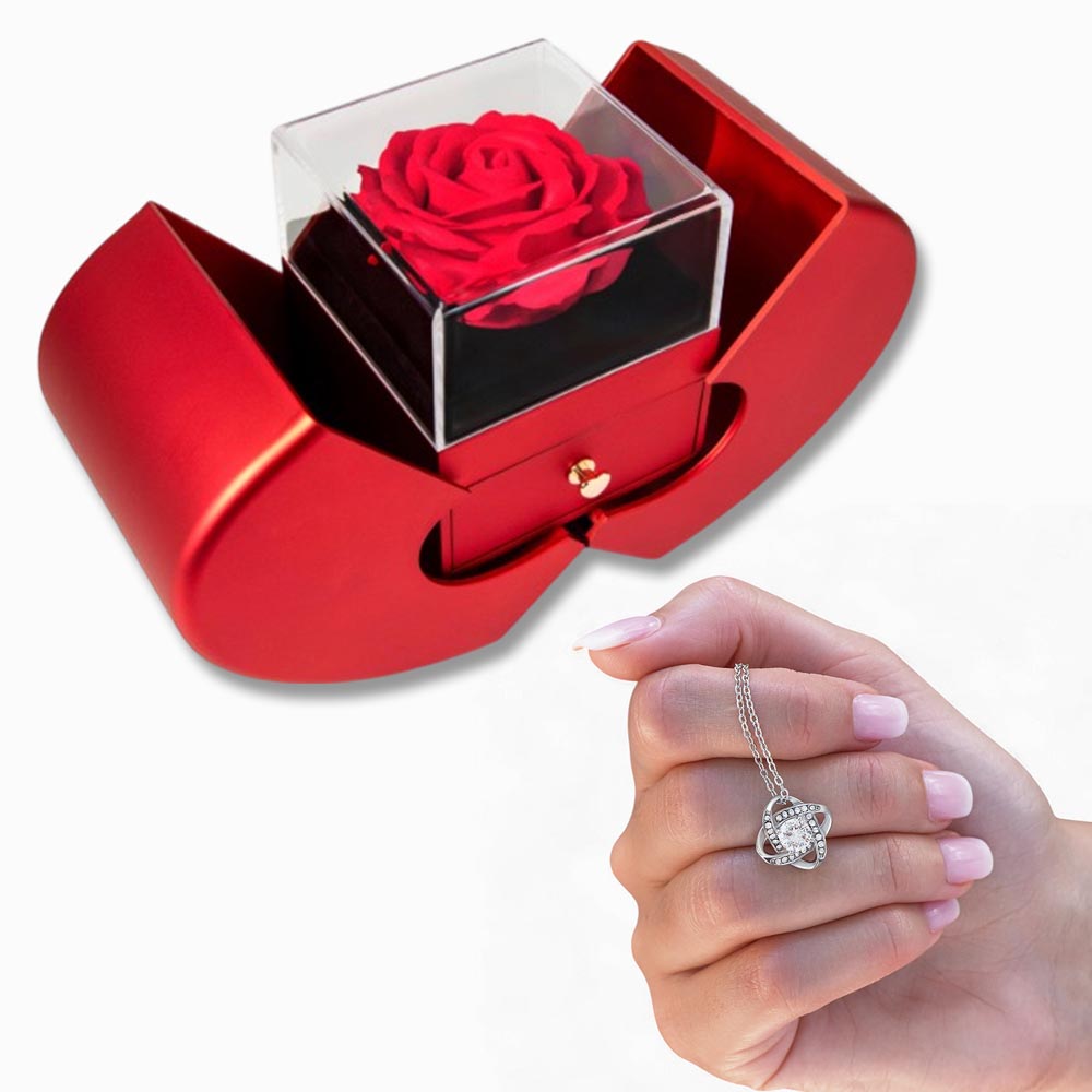 Red Heart Rose Box with Love Knot Necklace