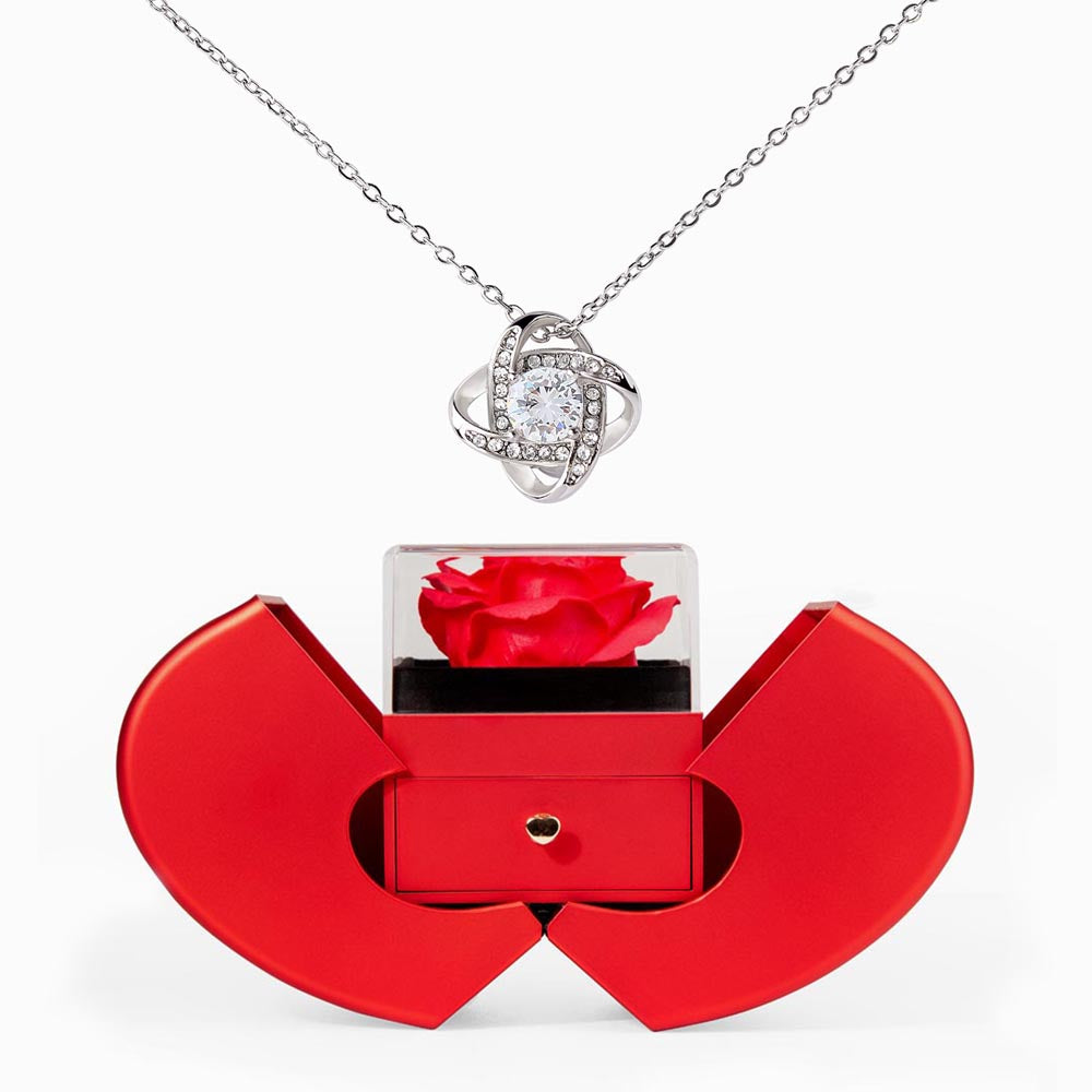 Red Heart Rose Box with Love Knot Necklace
