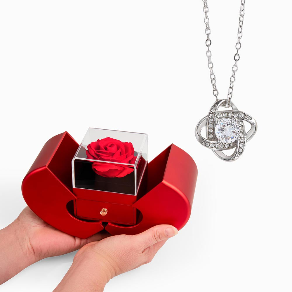 Red Heart Rose Box with Love Knot Necklace
