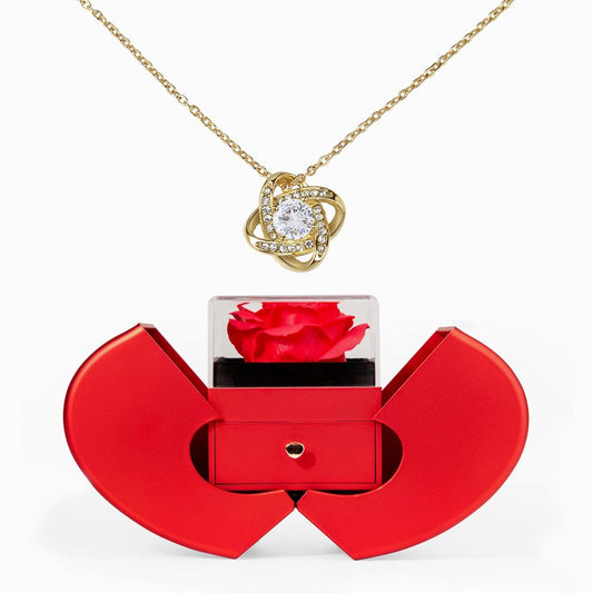 Red Heart Rose Box with Love Knot Necklace