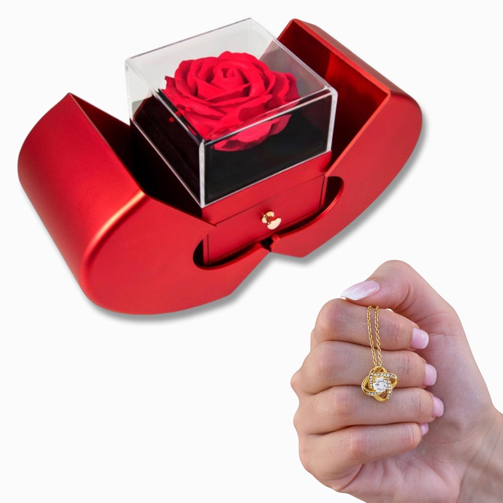 Red Heart Rose Box with Love Knot Necklace