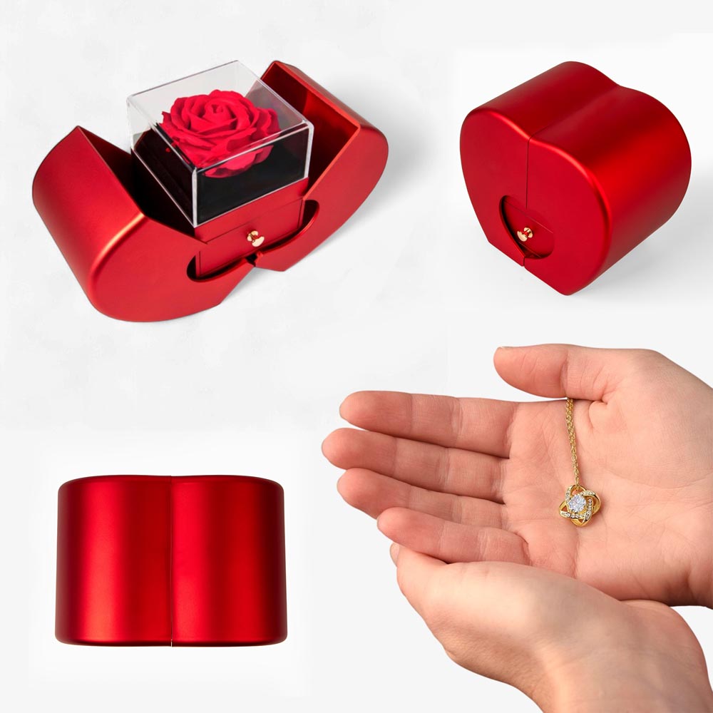 Red Heart Rose Box with Love Knot Necklace