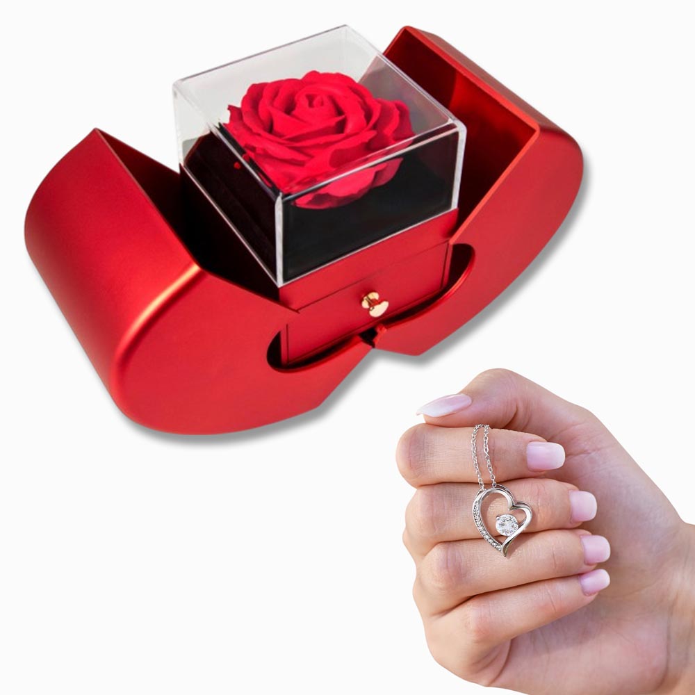 Red Heart Rose Box with Forever Love Heart Necklace